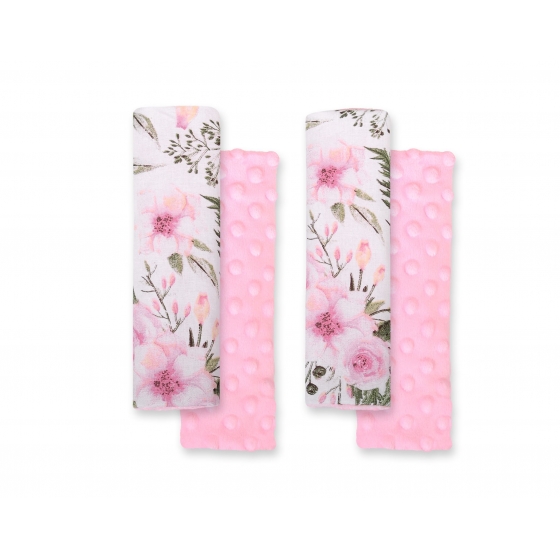Double sided pads BOBONO for seat belts - pionblomma rosa/rosa