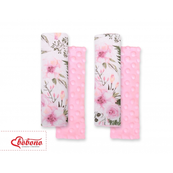 Double sided pads BOBONO for seat belts - pionblomma rosa/rosa