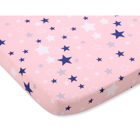 Dra-på-lakan i bomull 120x60cm pink-navy blå stjärnor