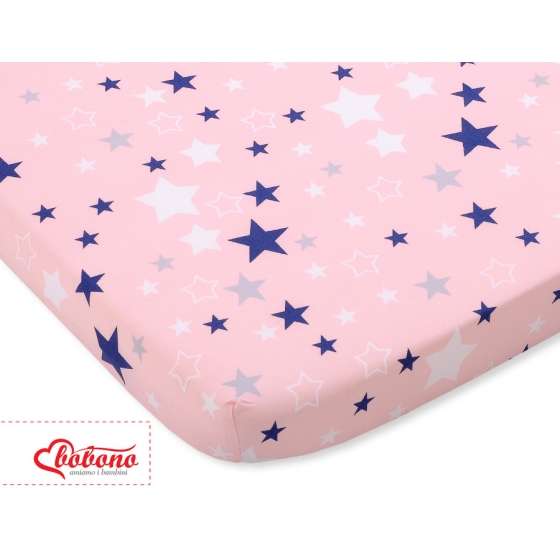Dra-på-lakan i bomull 120x60cm pink-navy blå stjärnor