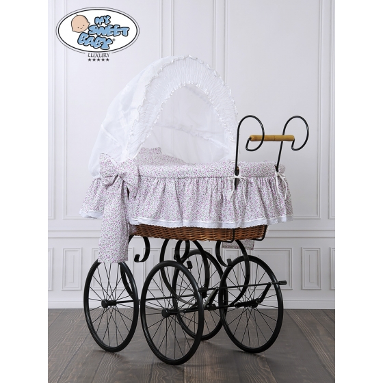 Exklusiv Gammaldags Babykorg med textil Jasmine - White - rosa with lace