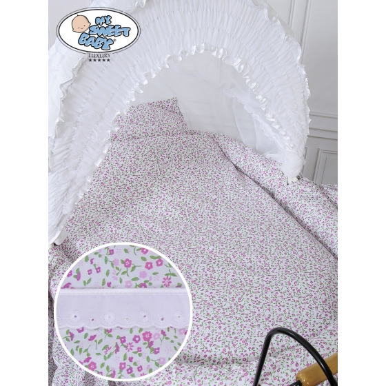 Exklusiv Gammaldags Babykorg med textil Jasmine - White - rosa with lace