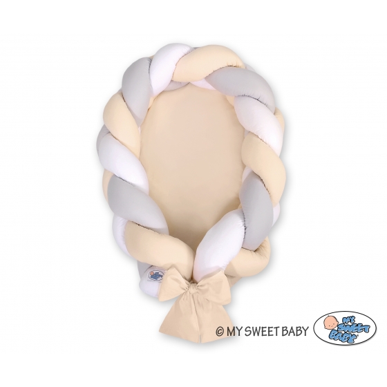 Fläta Babynest & Spjälskydd Fläta 2 i 1 - vit-grå-beige