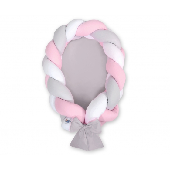 Fläta Babynest & Spjälskydd Fläta 2 i 1 - vit-grå-rosa