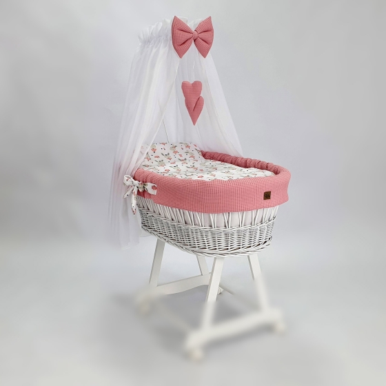 Lyxigt bäddset för babykorg med himmel i pudderrosa