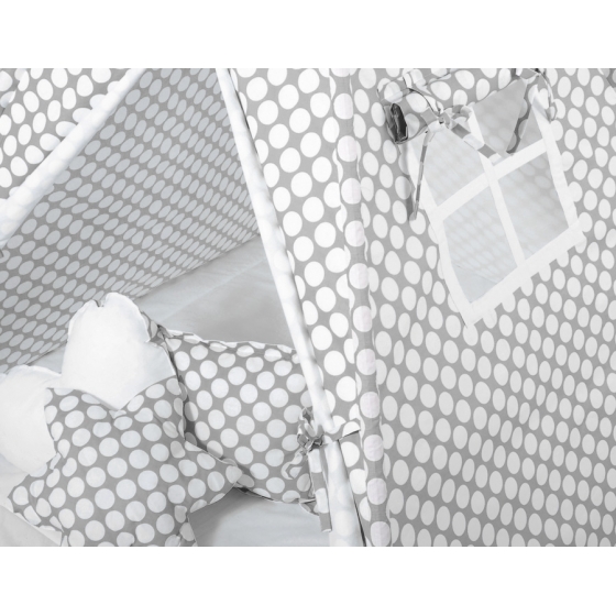 MEGA Tipitält SET: Tipi tält Lekmatta Kuddar och dekorfjädrar - grey med Vita Prickar