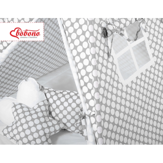 MEGA Tipitält SET: Tipi tält Lekmatta Kuddar och dekorfjädrar - grey med Vita Prickar