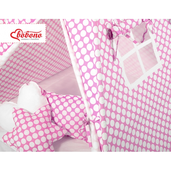 MEGA Tipitält SET: Tipi tält Lekmatta Kuddar och dekorfjädrar - rosa med Vita Prickar