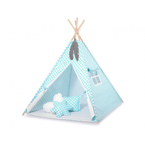 MEGA Tipitält SET: Tipi tält Lekmatta Kuddar och dekorfjädrar - turquoise med Vita Prickar