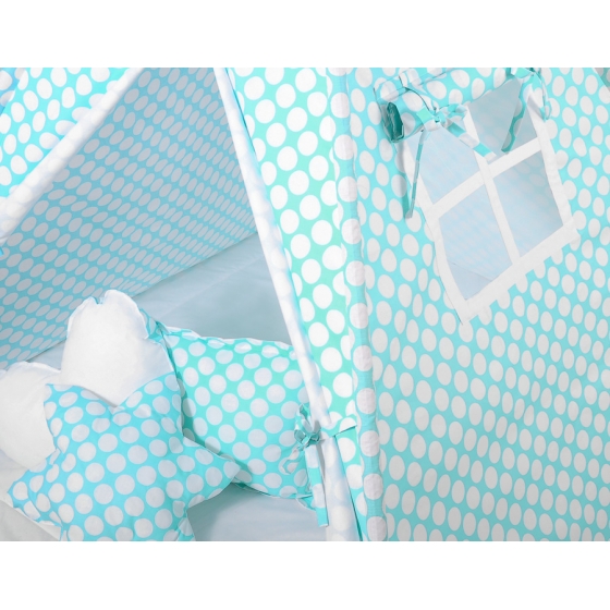 MEGA Tipitält SET: Tipi tält Lekmatta Kuddar och dekorfjädrar - turquoise med Vita Prickar