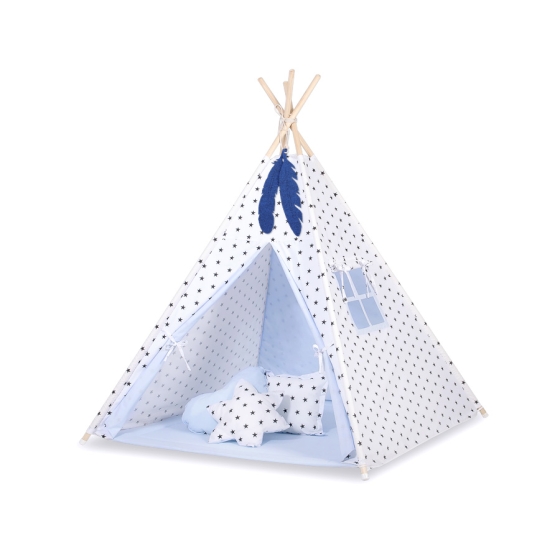MEGA Tipitält uppsättning: Tipi tält Lekmatta Kuddar med dekorfjädrar Black stjärnor/blå