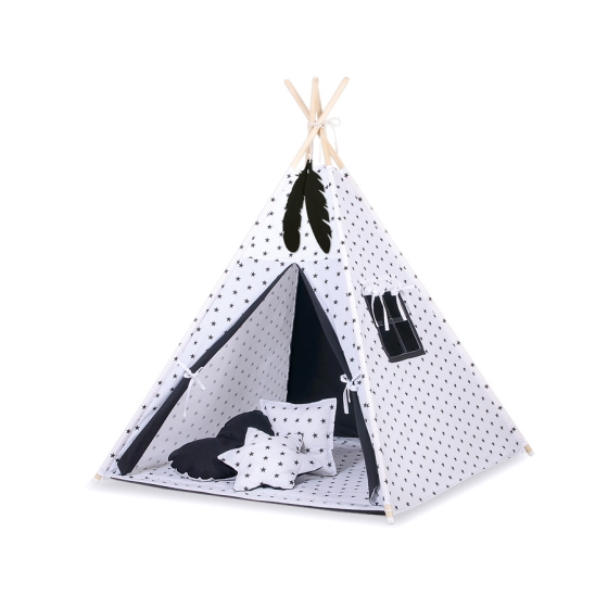 MEGA Tipitält uppsättning: Tipi tält Lekmatta Kuddar med dekorfjädrar Black stjärnor/black