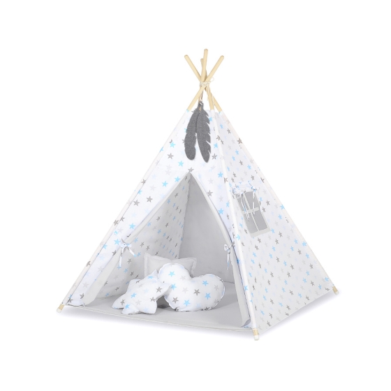 MEGA Tipitält uppsättning: Tipi tält Lekmatta Kuddar med dekorfjädrar Stjärnor blue-grey/grå