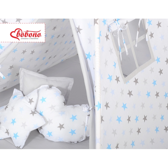 MEGA Tipitält uppsättning: Tipi tält Lekmatta Kuddar med dekorfjädrar Stjärnor blue-grey/grå