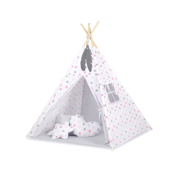 MEGA Tipitält uppsättning: Tipi tält Lekmatta Kuddar med dekorfjädrar Stjärnor rose-grå/grå