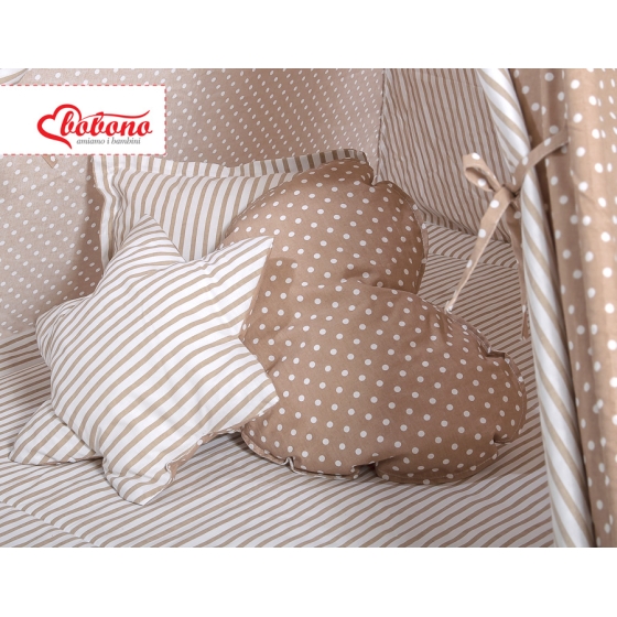 MEGA Tipitält uppsättning: Tipi tält Lekmatta Kuddar med dekorfjädrar Vita Prickar på brown/beige ränder