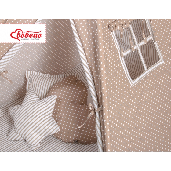 MEGA Tipitält uppsättning: Tipi tält Lekmatta Kuddar med dekorfjädrar Vita Prickar på brown/beige ränder