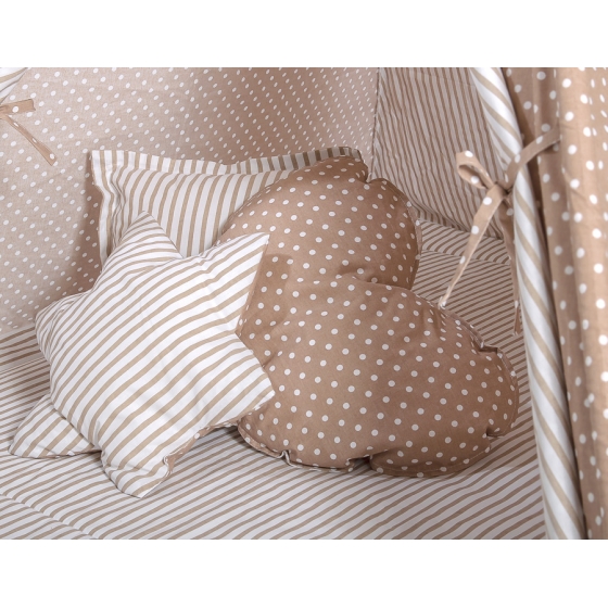MEGA Tipitält uppsättning: Tipi tält Lekmatta Kuddar med dekorfjädrar Vita Prickar på brown/beige ränder
