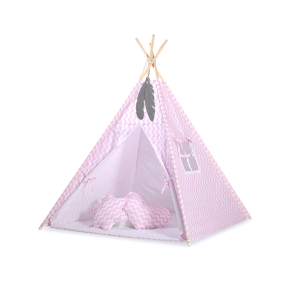 MEGA Tipitält uppsättning: Tipi tält Lekmatta Kuddar och dekorfjädrar- Chevron rosa