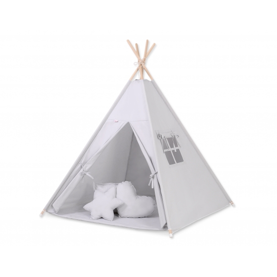 MEGA Tipitält uppsättning: Tipi tält Lekmatta Kuddar och dekorfjädrar - grå