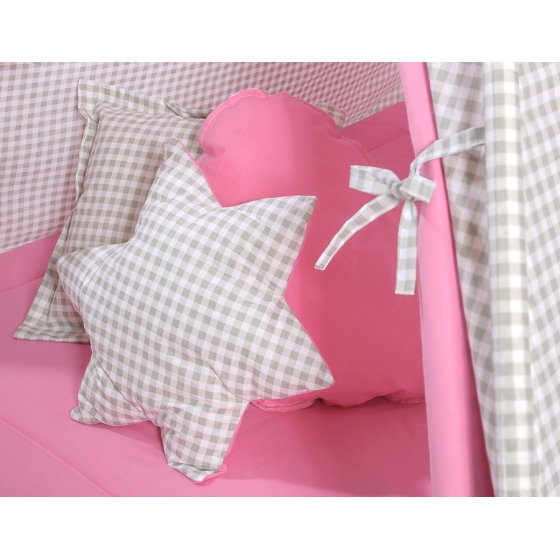 MEGA Tipitält uppsättning: Tipi tält Lekmatta Kuddar och dekorfjädrar- Grey checkered-rosa