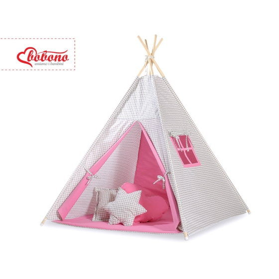 MEGA Tipitält uppsättning: Tipi tält Lekmatta Kuddar och dekorfjädrar- Grey checkered-rosa