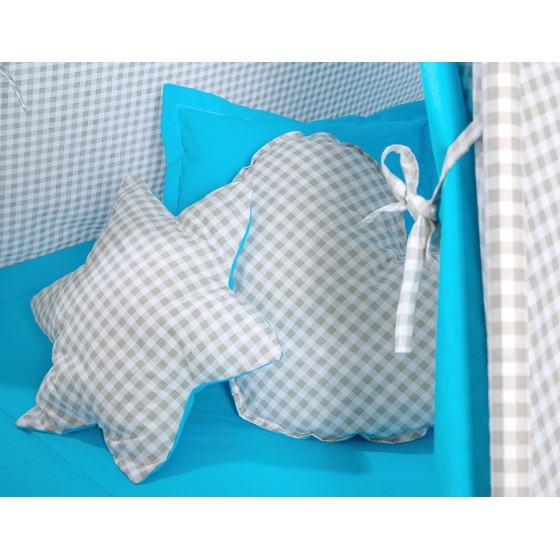 MEGA Tipitält uppsättning: Tipi tält Lekmatta Kuddar och dekorfjädrar- Grey checkered-turquoise