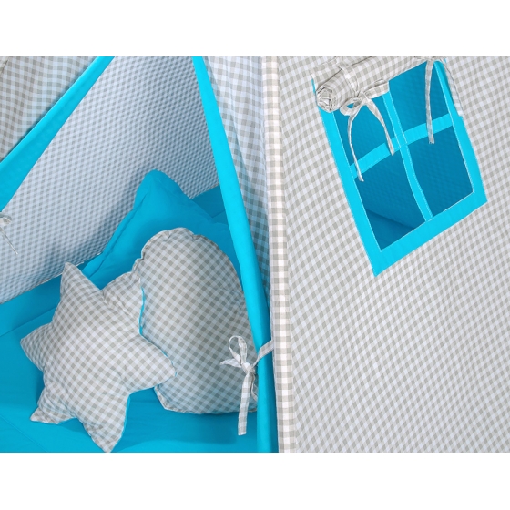 MEGA Tipitält uppsättning: Tipi tält Lekmatta Kuddar och dekorfjädrar- Grey checkered-turquoise