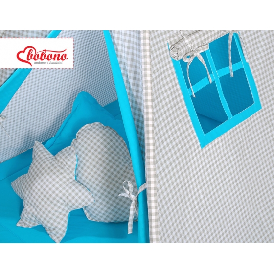MEGA Tipitält uppsättning: Tipi tält Lekmatta Kuddar och dekorfjädrar- Grey checkered-turquoise