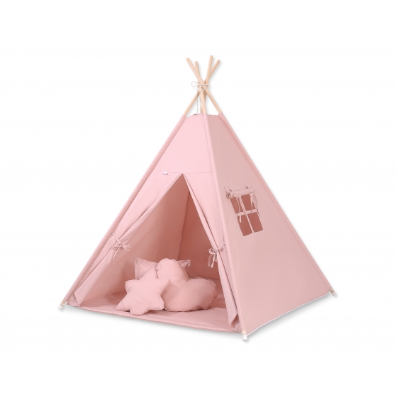 MEGA Tipitält uppsättning: Tipi tält Lekmatta Kuddar och dekorfjädrar - pastel rosa
