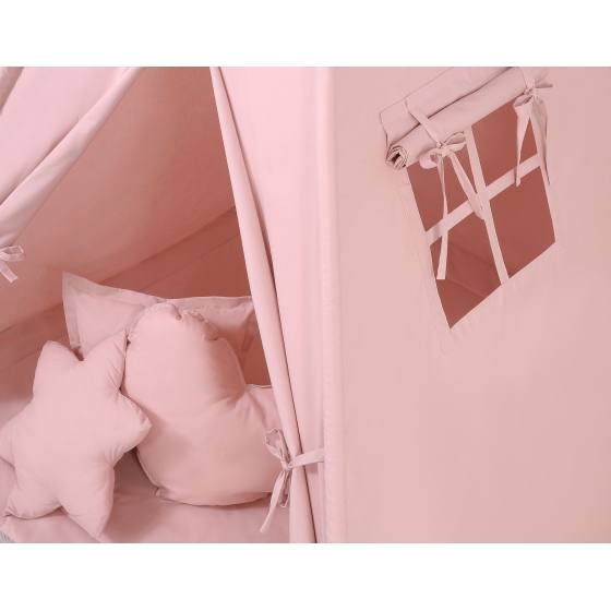 MEGA Tipitält uppsättning: Tipi tält Lekmatta Kuddar och dekorfjädrar - pastel rosa