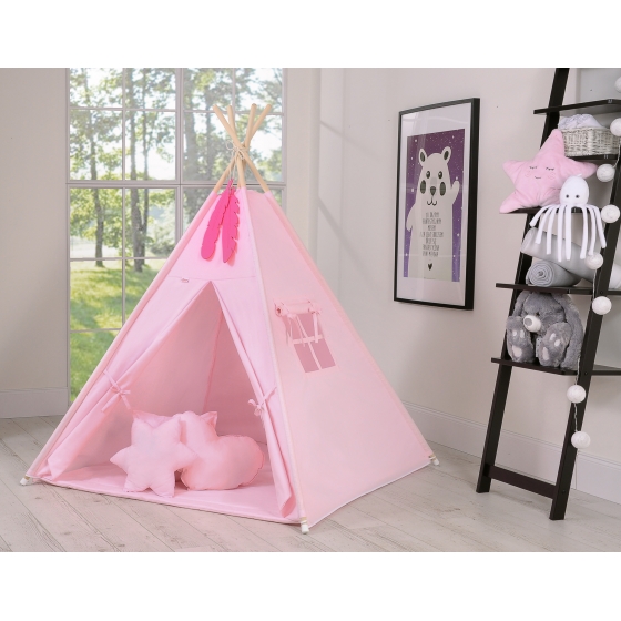 MEGA Tipitält uppsättning: Tipi tält Lekmatta Kuddar och dekorfjädrar- rosa