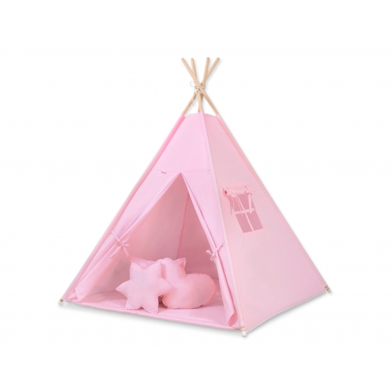 MEGA Tipitält uppsättning: Tipi tält Lekmatta Kuddar och dekorfjädrar- rosa