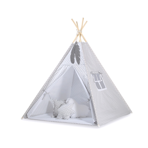 MEGA Tipitält uppsättning: Tipi tält Lekmatta Kuddar och dekorfjädrar- Vita Prickar på grå