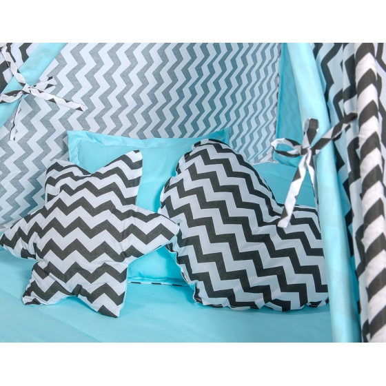 MEGA Tipitält uppsättning:Tipi tält Lekmatta Kuddar - Chevron black/blå