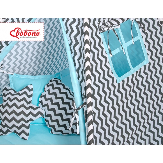 MEGA Tipitält uppsättning:Tipi tält Lekmatta Kuddar - Chevron black/blå