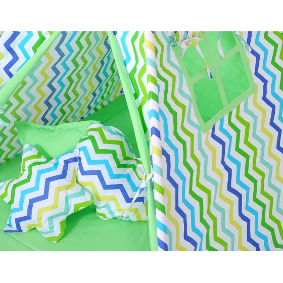MEGA Tipitält uppsättning:Tipi tält Lekmatta Kuddar - Chevron green-blå