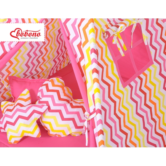 MEGA Tipitält uppsättning:Tipi tält Lekmatta Kuddar - Chevron pink-yellow