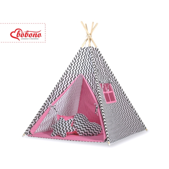 MEGA Tipitält uppsättning:Tipi tält Lekmatta Kuddar - Chevron Svart/rosa