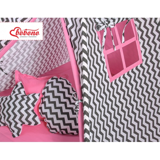 MEGA Tipitält uppsättning:Tipi tält Lekmatta Kuddar - Chevron Svart/rosa