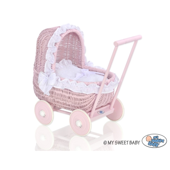 Rosa Rotting Dockvagnmed vit broderat Bäddset