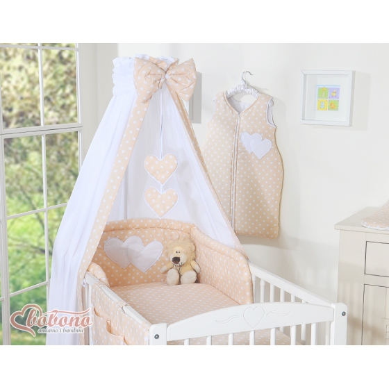 Sänghimmel till Babysäng Hjärtan Vita Prickar på beige