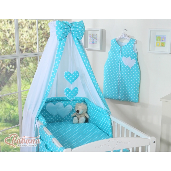 Sänghimmel till Babysäng Hjärtan Vita Prickar på turquoise