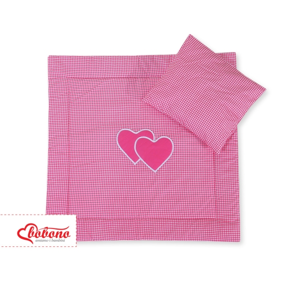 Sängklader till barnvagn 2-delar hjärtan dark rosa rutig