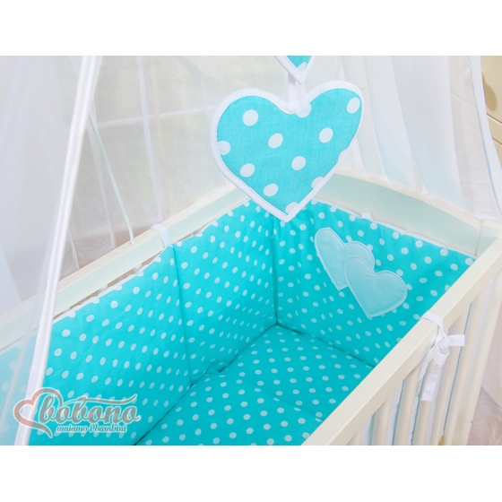 Sidosäng med madrass och sängkläder- hjärtan Vita Prickar på turquoise