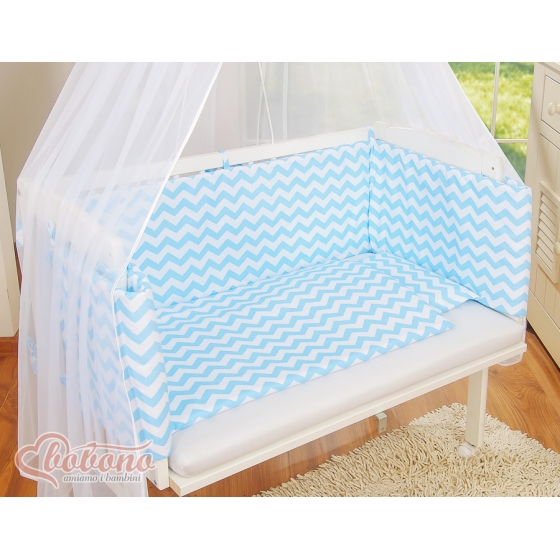 Spjälsäng bedside Sidosäng med madrass med sängkläder Basic chevron blå
