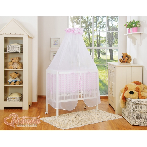 Spjälsäng bedside Sidosäng med madrass med sängkläder Basic chevron rosa