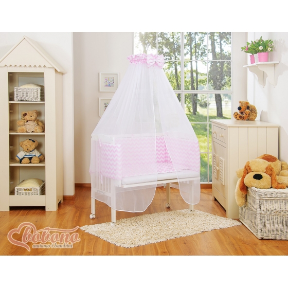Spjälsäng bedside Sidosäng med madrass med sängkläder Basic chevron rosa
