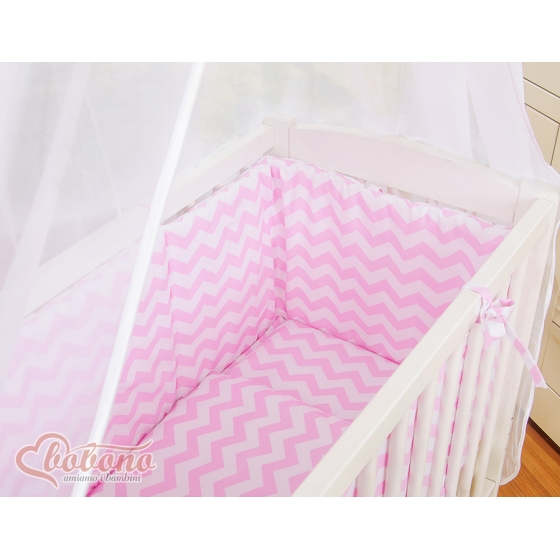 Spjälsäng bedside Sidosäng med madrass med sängkläder Basic chevron rosa
