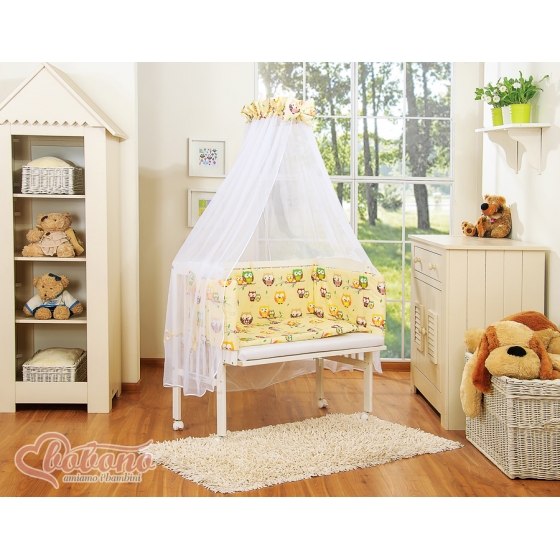 Spjälsäng bedside Sidosäng med bäddset och madrass Basic- Cream ugglor